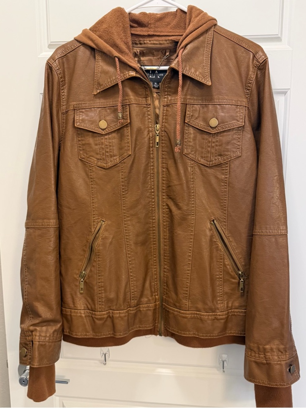 Coalition Faux Leather Jacket XL Brown Hooded Moto Zip Up Casual Layered Look